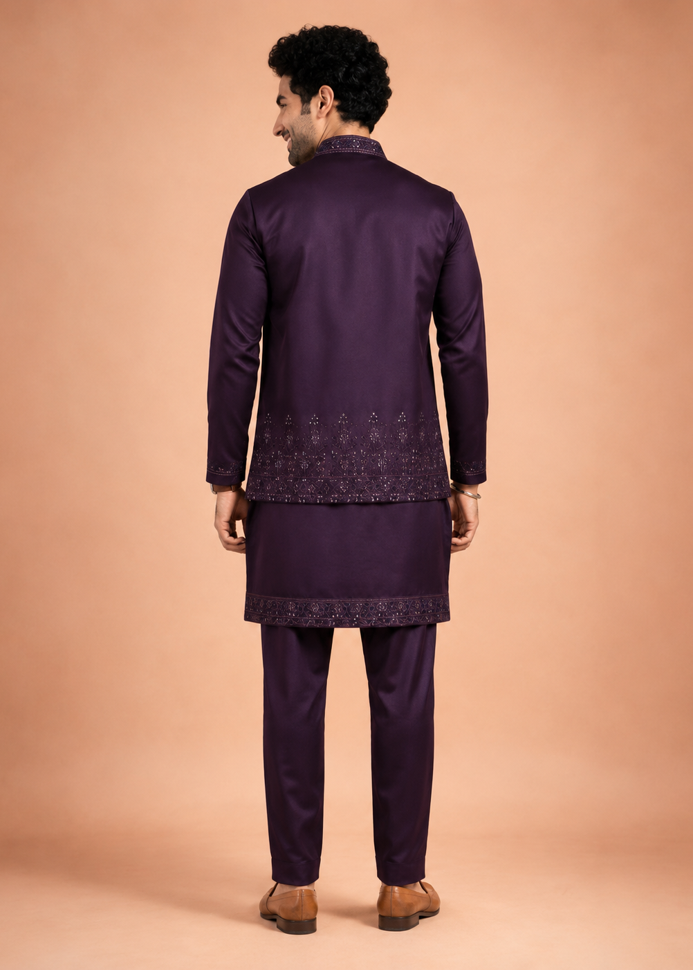 Men Plum Embroidered Nehru Jacket Kurta Pyjama Set