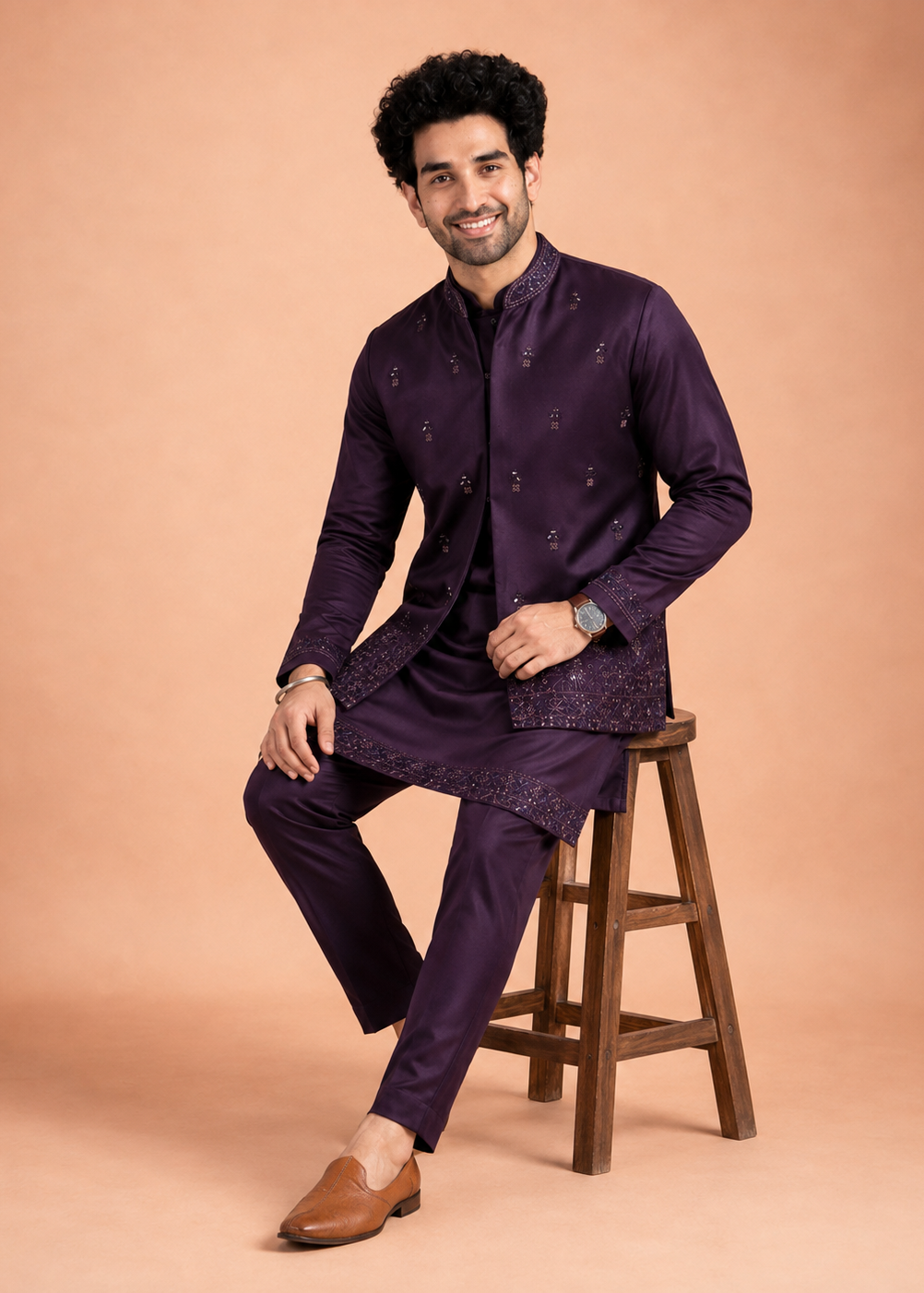 Men Plum Embroidered Nehru Jacket Kurta Pyjama Set