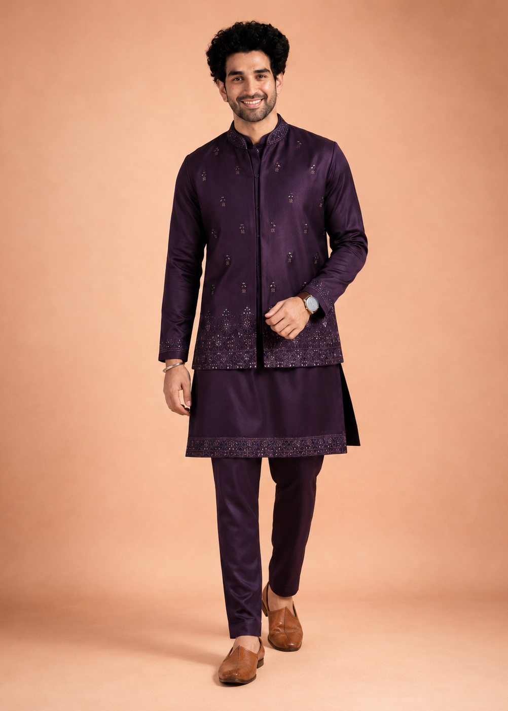 Men Plum Embroidered Nehru Jacket Kurta Pyjama Set