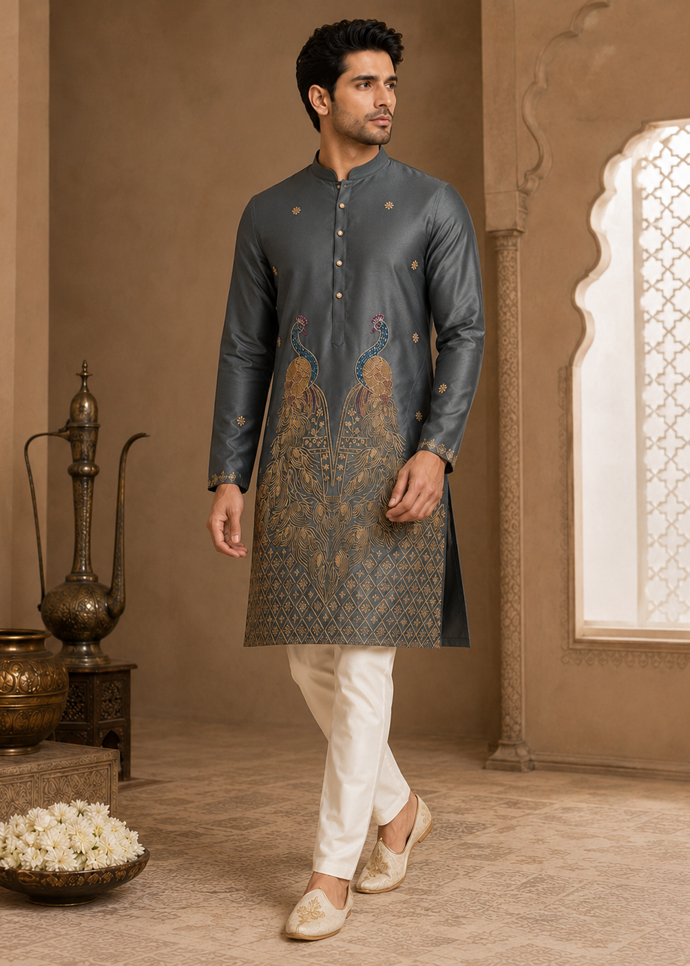 Men Charcoal Grey Embroidered Peacock Kurta Set
