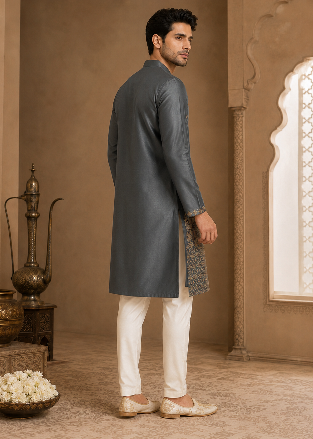 Men Charcoal Grey Embroidered Peacock Kurta Set