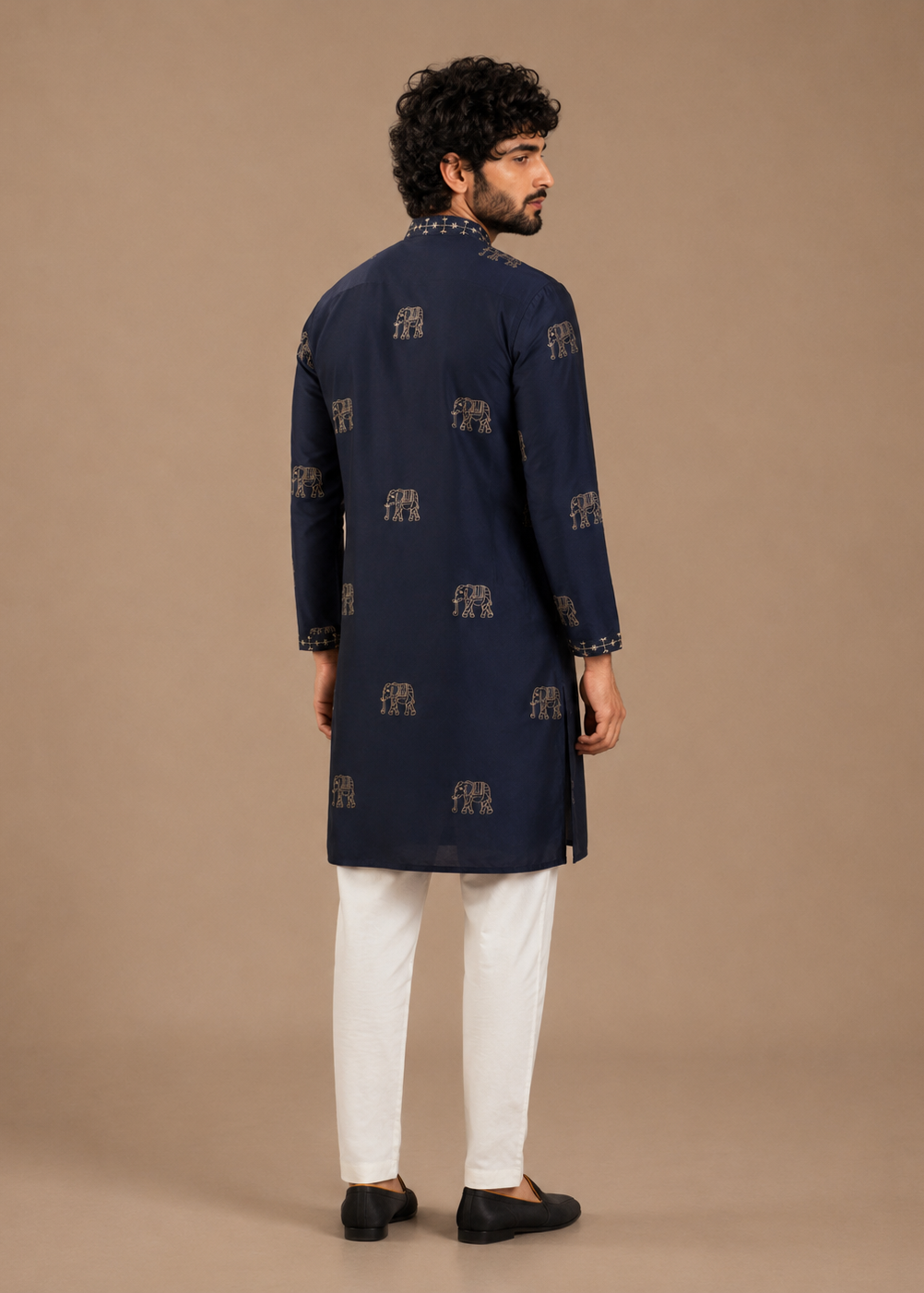 Men Navy Blue Elephant Embroidered Kurta Trouser Set