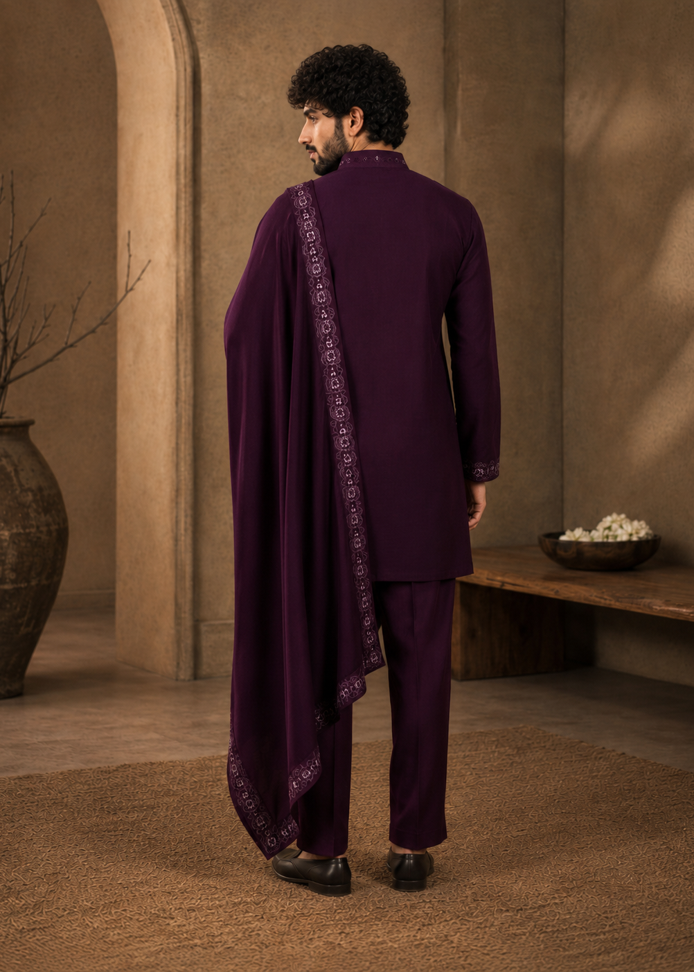 Men Plum Embroidered Kurta Trouser Set with Draped Dupatta