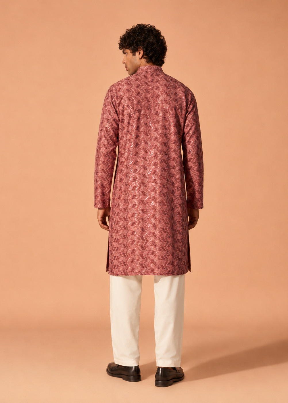 Men Dusty Rose Geometric Jacquard Kurta with White Pant