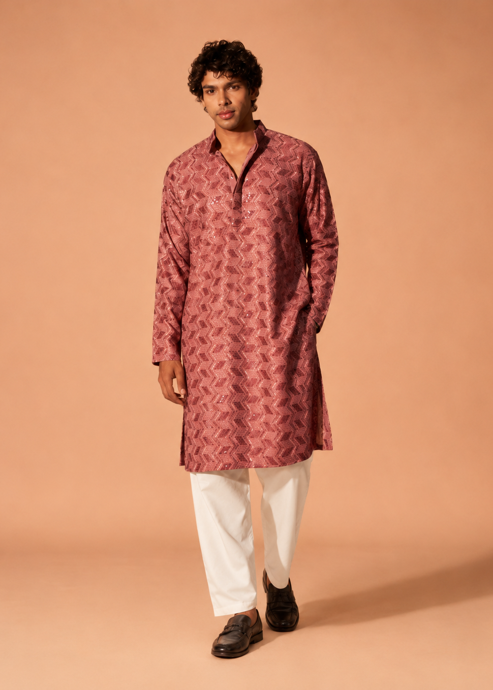 Men Dusty Rose Geometric Jacquard Kurta with White Pant