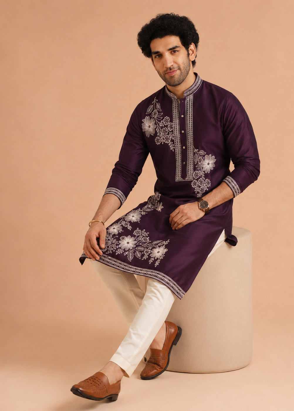 Plum Floral Embroidered Kurta Set
