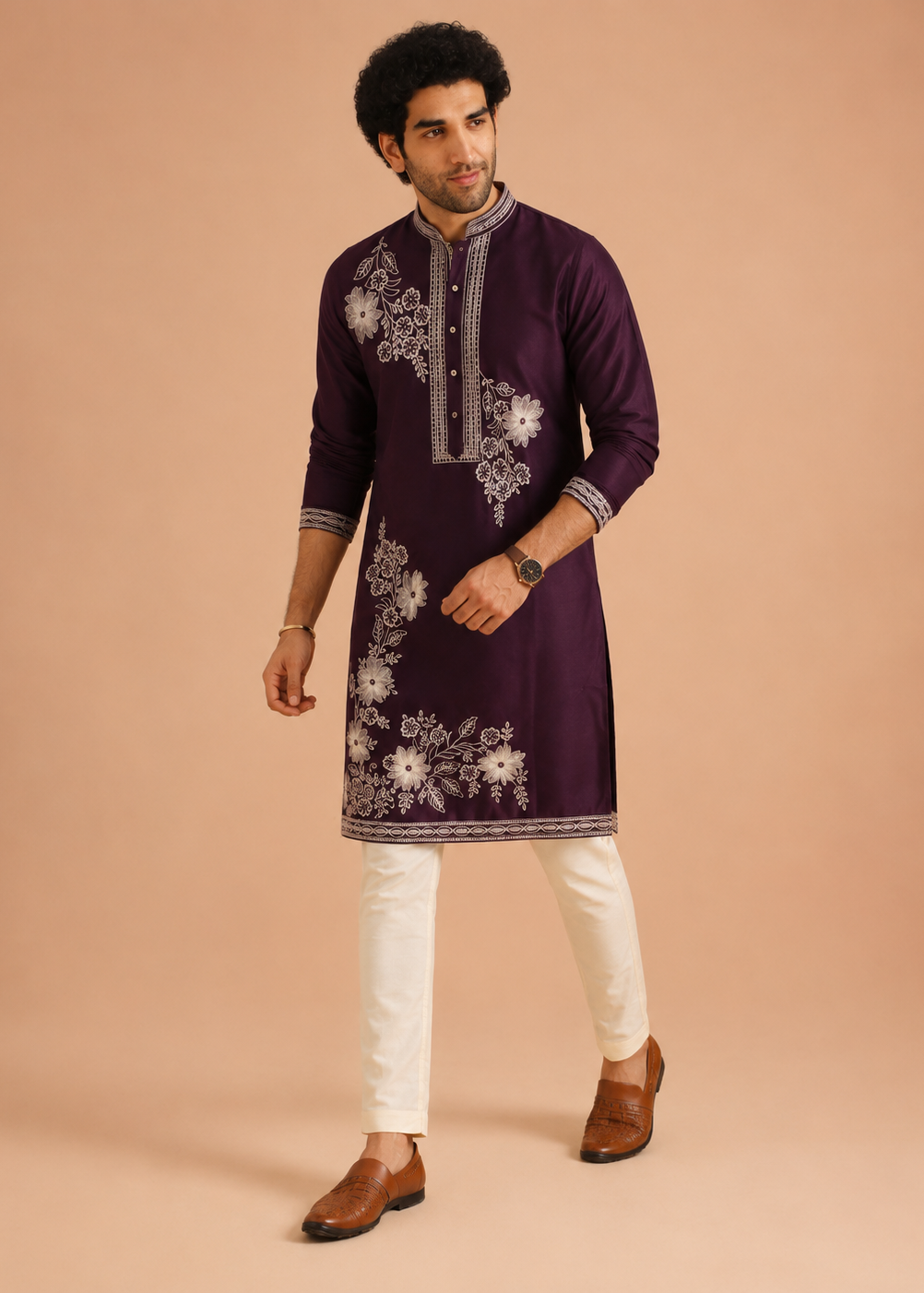 Plum Floral Embroidered Kurta Set