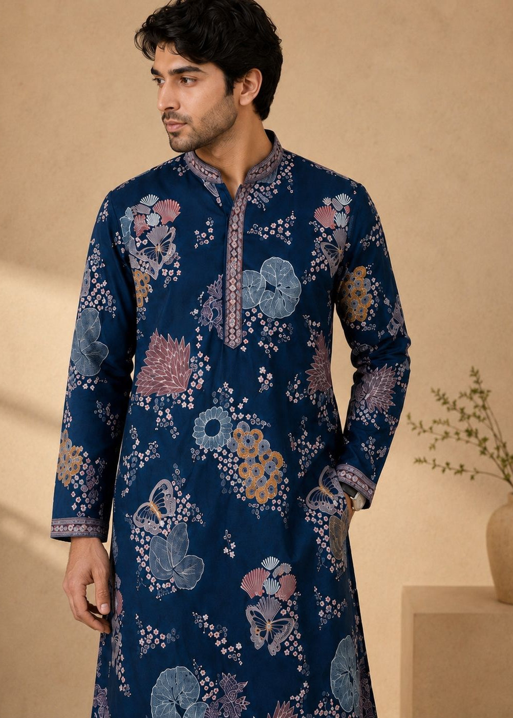 Navy Blue Floral Printed Kurta Trousers Set