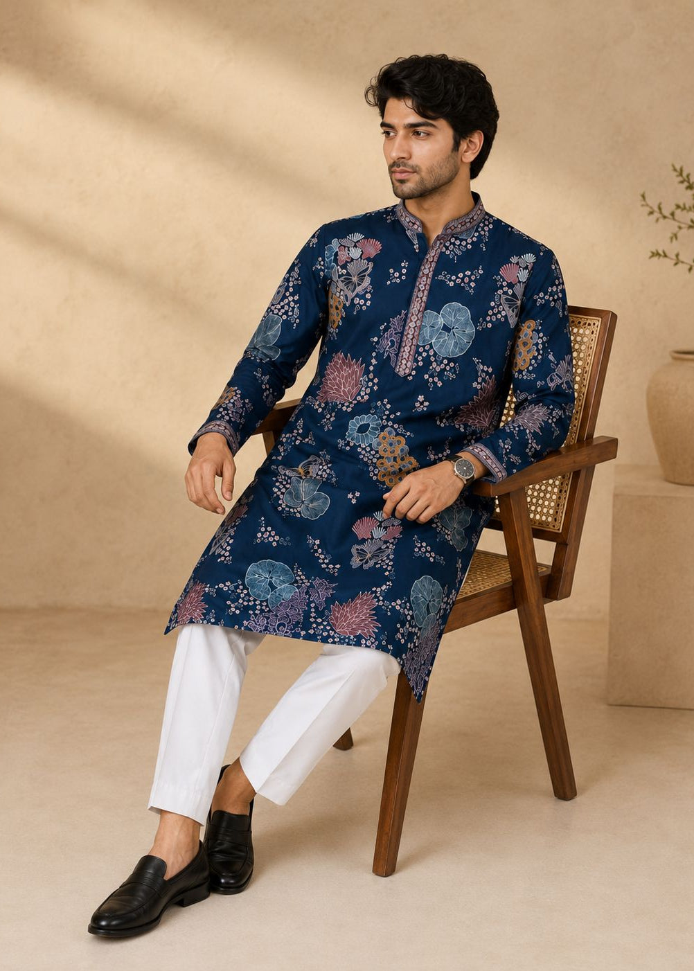 Navy Blue Floral Printed Kurta Trousers Set