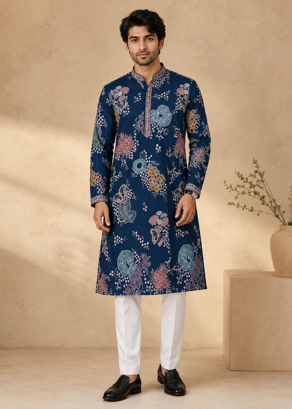 Navy Blue Floral Printed Kurta Trousers Set