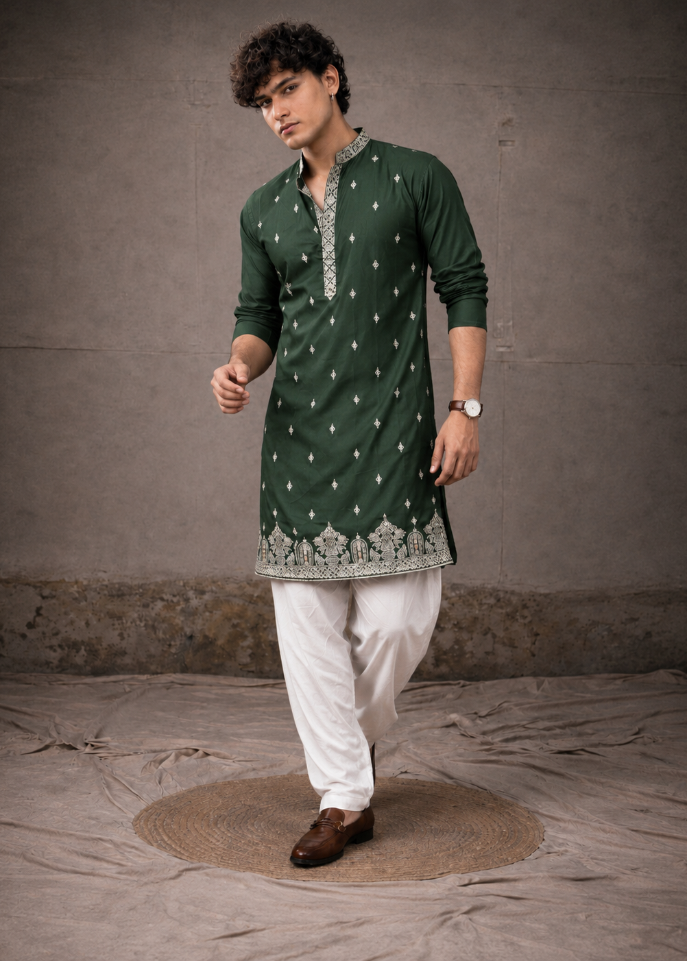 Royal Green Kurta Trouser with Delicate All-Over Embroidery