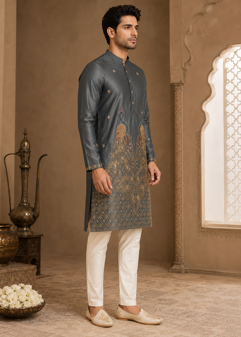 Men Charcoal Grey Embroidered Peacock Kurta Set